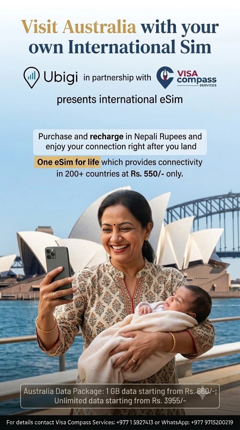 Australia travel eSIM package offer from Visa Compass and Ubigi, with pricing in Nepali rupees.