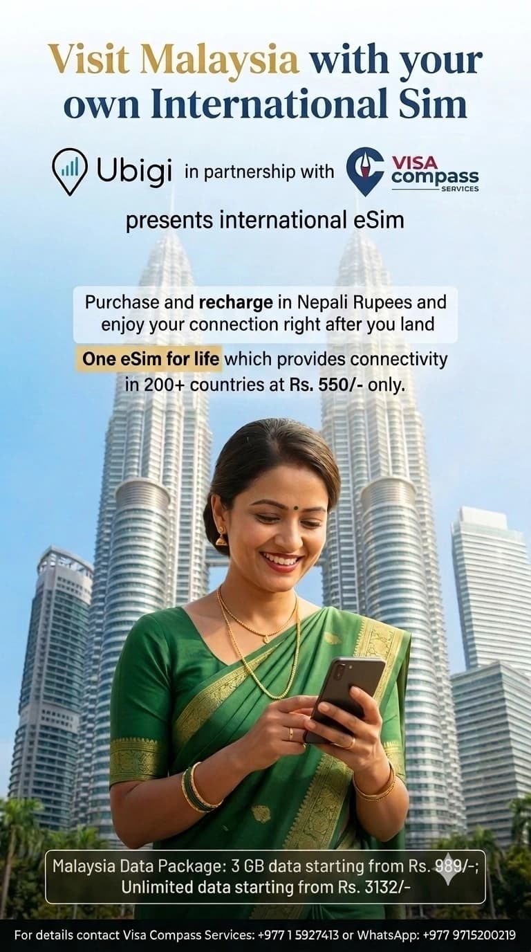 Malaysia travel eSIM package offer from Visa Compass and Ubigi, with pricing in Nepali rupees.