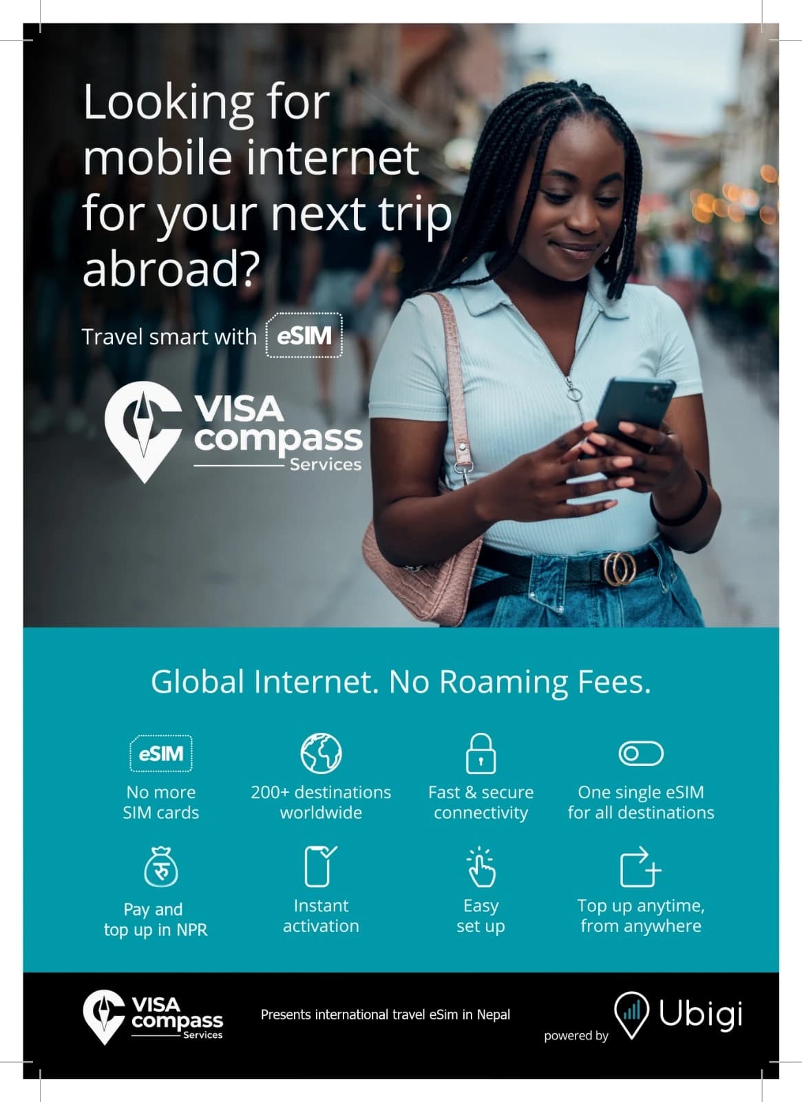 Traveller using a phone with a summary of Visa Compass and Ubigi global eSIM benefits.