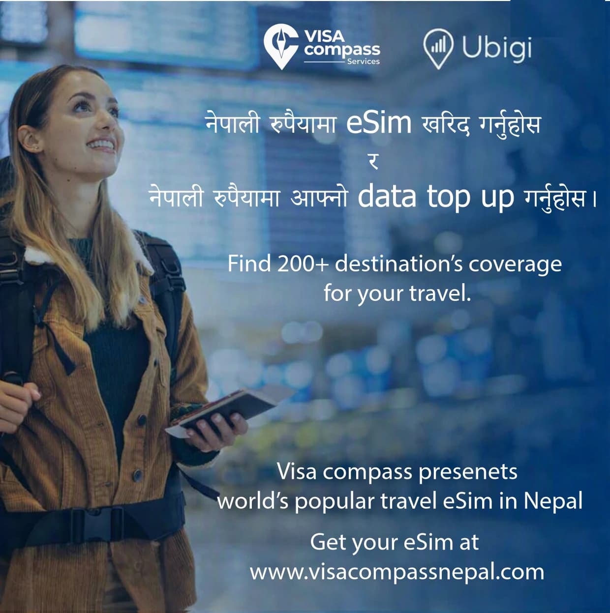 Purchase and top up in Nepali rupees through the Visa Compass and Ubigi travel eSIM partnership.