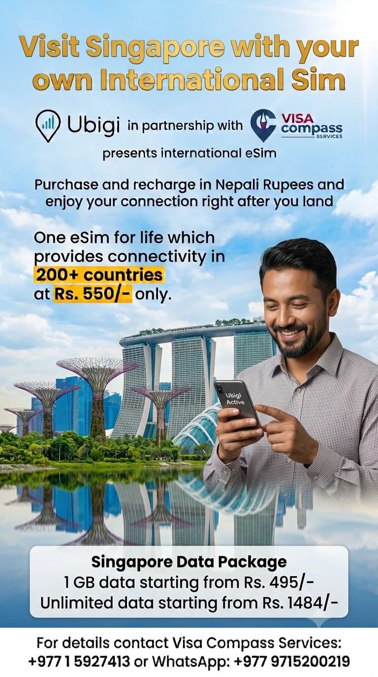 Singapore travel eSIM package offer from Visa Compass and Ubigi, with pricing in Nepali rupees.