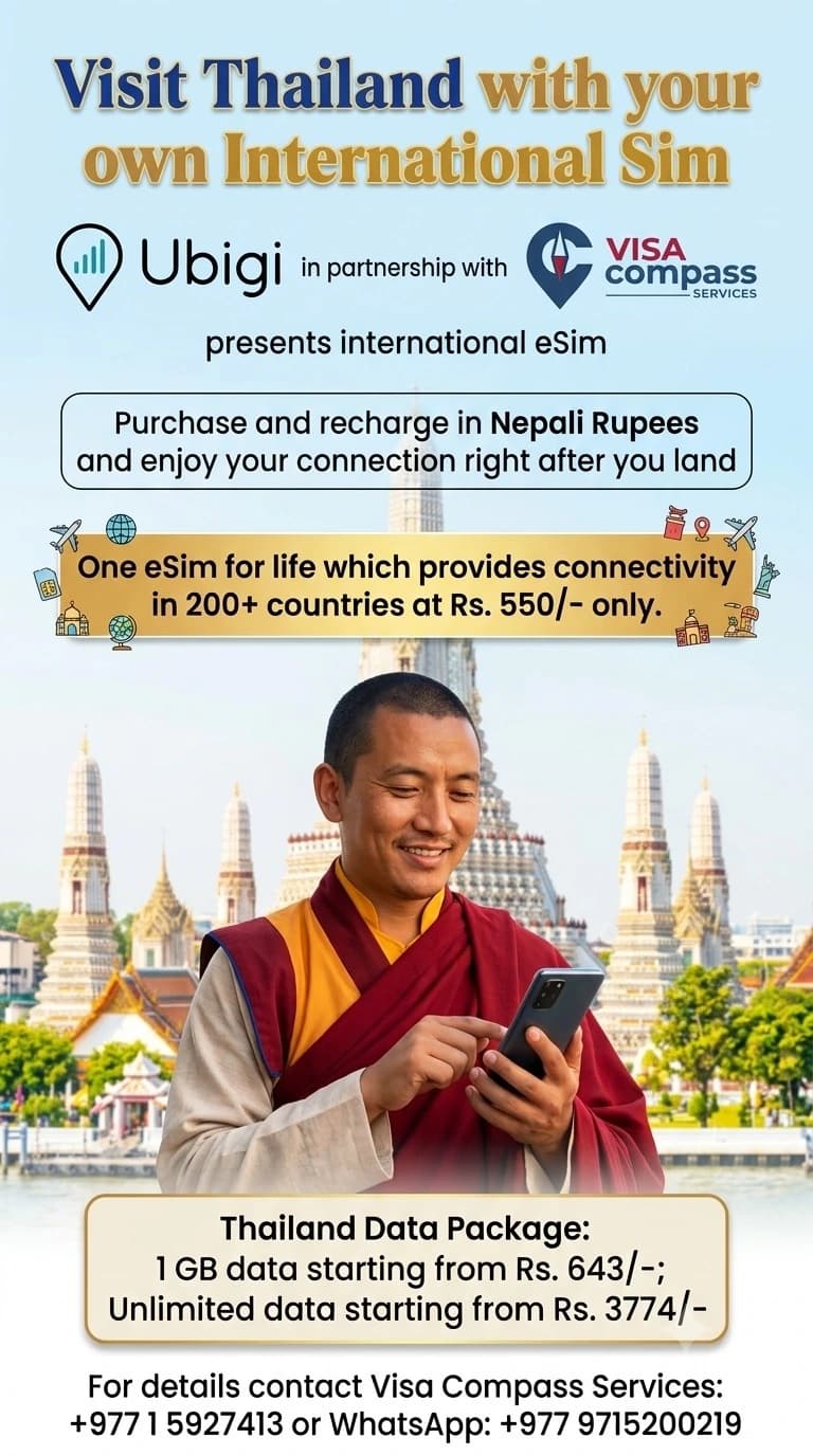 Thailand travel eSIM package offer from Visa Compass and Ubigi, with pricing in Nepali rupees.
