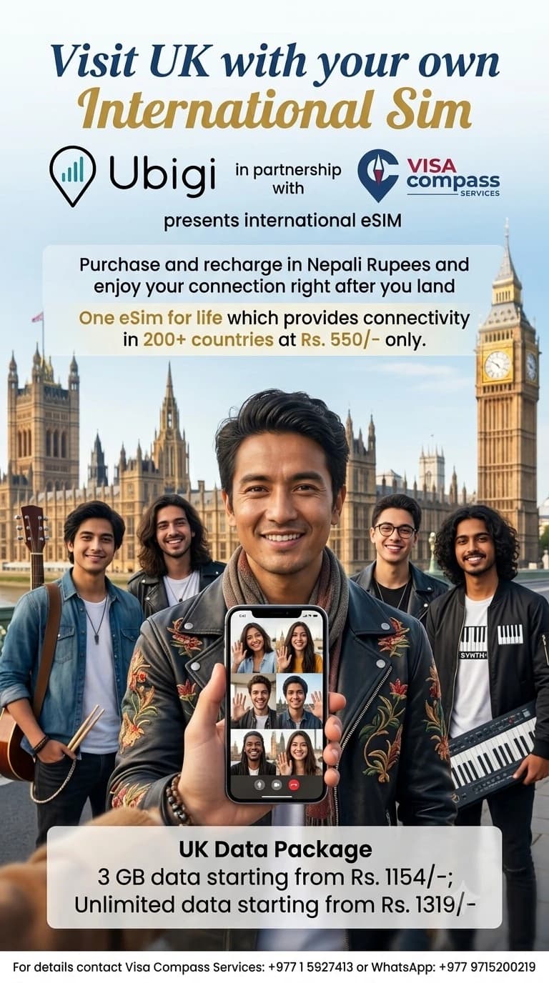 United Kingdom travel eSIM package offer from Visa Compass and Ubigi, with pricing in Nepali rupees.